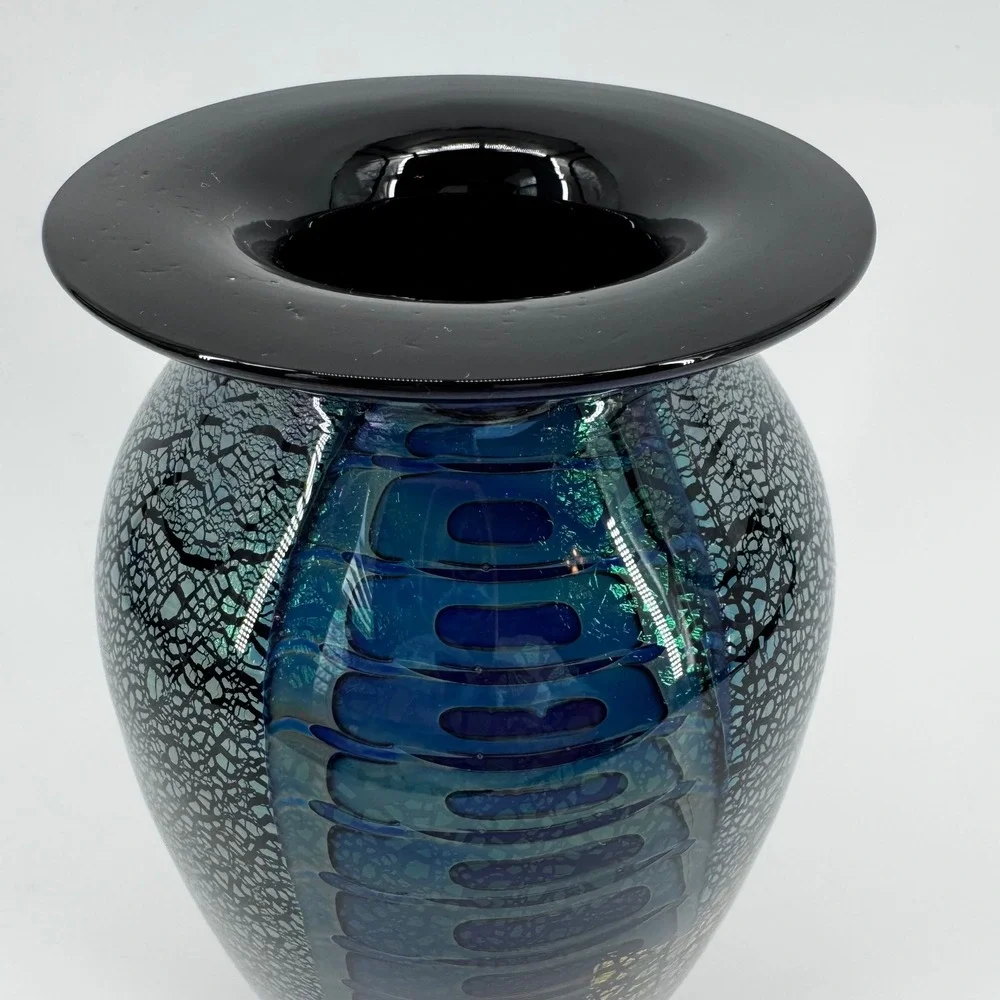 Robert Eickholt Signed Studio Art Glass Vase Blue Gold Leaf Iridescent Crackle